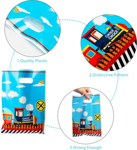 Miniatura 3 de 3sscha 50 bolsas de regalo de tren para fiesta, con temática de transporte, impermeable, con asas troqueladas, tráfico ferroviario, plástico