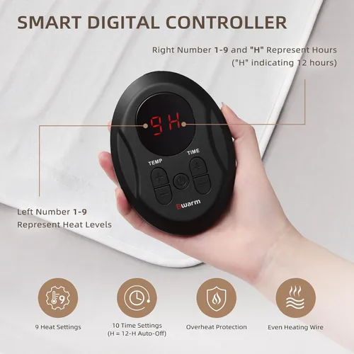 Miniatura 3 de Bwarm Cubrecolchón eléctrico con calefacción tamaño mini individual, 31 x 55 pulgadas, calentador de cama, 9 ajustes de calor, 1-12 horas de apagado