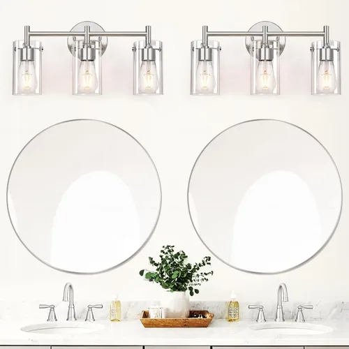 Miniatura 4 de 2023 Mejora 3 luces para tocador de baño de níquel cepillado, pantalla de vidrio transparente, apliques de pared para espejo, dormitorio, sala