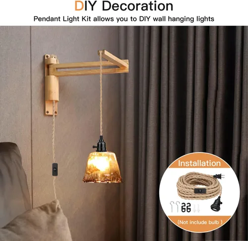 Miniatura 6 de Kit de luces colgantes de 16.5 pies, luces colgantes con cable de enchufe e interruptor, lámpara colgante de cuerda de cáñamo E26, cable de linterna