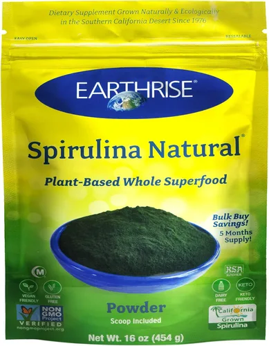 Earthrise Spirulina Polvo natural de 16 onzas, espirulina natural premium de California, vegano, sin gluten, apto para ceto, sin OMG, súper alimento