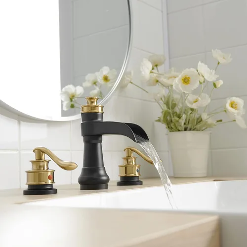 Miniatura 3 de Grifo de baño generalizado negro y dorado, grifo de lavabo de cascada de baño de 3 agujeros, lavabo de tocador de 2 manijas con drenaje desplegable