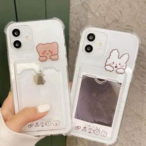 Miniatura 2 de Casechics Funda compatible con iPhone, bonita funda de conejo de dibujos animados Kawaii, con ranura transparente para tarjetas de crédito, cartera