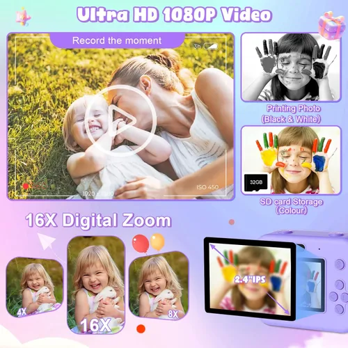 Miniatura 4 de Cámara digital para niños con impresión instantánea - Cámara de video digital HD 1080P para niños pequeños con papel de foto para imprimir, juguete