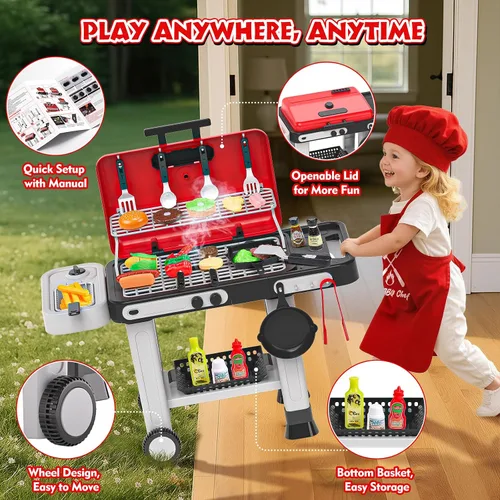 Miniatura 6 de Juguetes de cocina para niños de 86 piezas: juego de parrilla para niños con humo, sonido, luz, UV y agua que cambia de color, juego de cocina