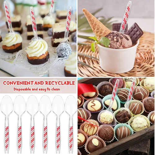 Miniatura 4 de Paquete de 100 cucharas desechables de plástico transparente de Navidad con patrón de rayas rojas, utensilios transparentes para tartas