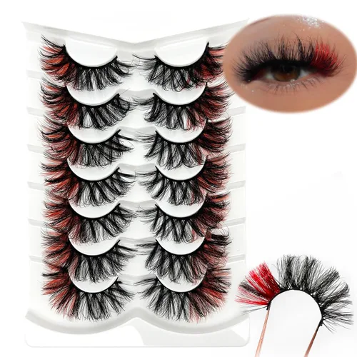IFSOWDRA Pestañas de colores visón D Curl rojo pestañas tira 0.787 in 3D visón sintético Wispy dramático largo colorido pestañas postizas paquete