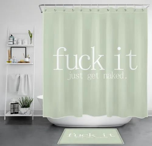 LB Fuck It Get Naked - Juego de cortinas de ducha con alfombras con citas divertidas, cortina de ducha de tela verde salvia con ganchos, juego de