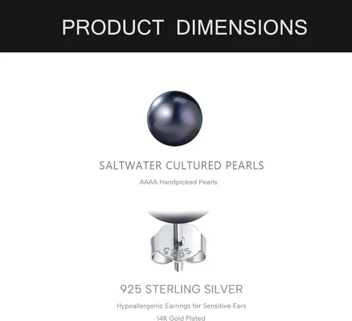 Miniatura 5 de YAMI Black/Grey/White Pearl Earrings, Real Cultured Pearl, 925 Sterling Silver Stud Earrings Plated with 18K Gold, Classic & Elegant Jewelry Gifts