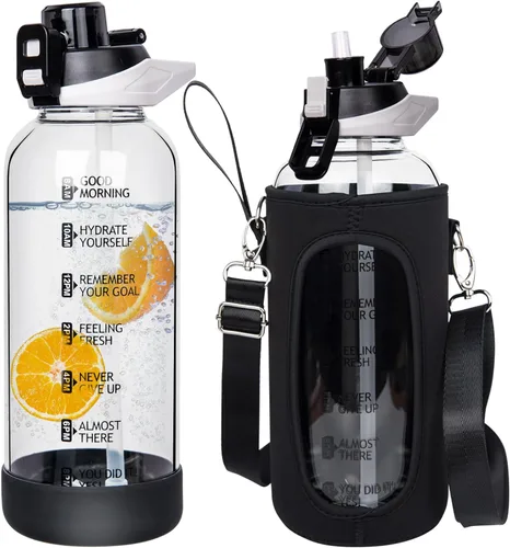 Miniatura 14 de Botella de agua deportiva de vidrio de 32 onzas con popote y marcador de tiempo, botella de vidrio motivacional reutilizable grande para agua Rosa