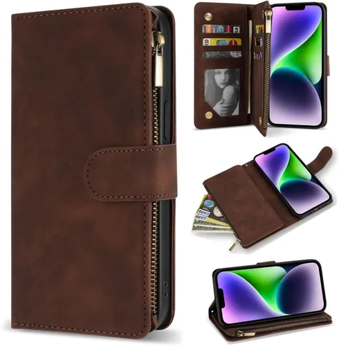 Miniatura 21 de ZZXX Funda tipo cartera para iPhone 14 Plus con [Bloqueo RFID] Ranura para tarjetas Cuero PU suave premium con cremallera tipo folio plegable