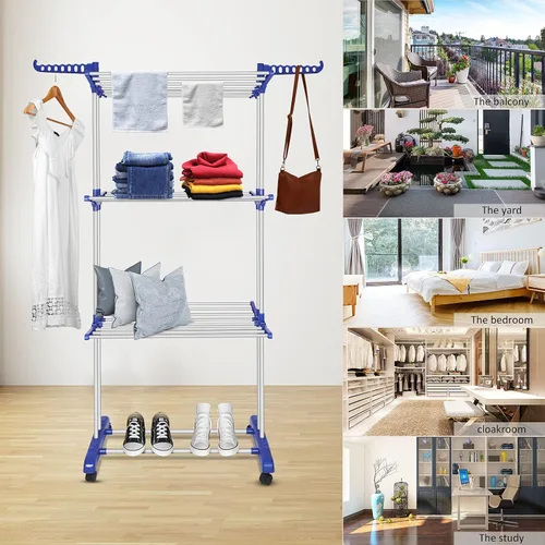Miniatura 7 de Estante de secado de ropa, de acero inoxidable, de gran tamaño, plegable, de 4 niveles, estante de secado de ropa plegable para interiores