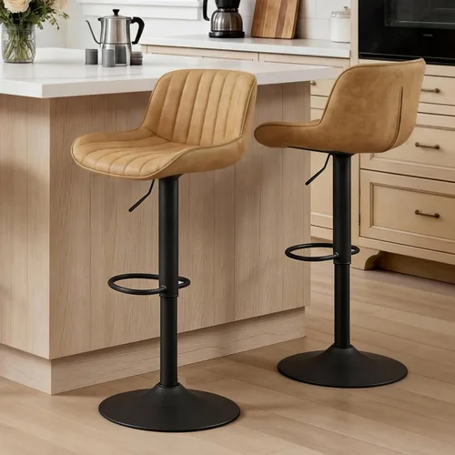 Miniatura 5 de Fat Ant Juego de 2 taburetes de bar ajustables de piel sintética, sillas de bar giratorias con respaldo, taburete de isla de cocina moderno tapizado