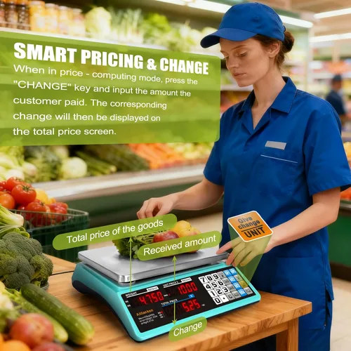 Miniatura 7 de Báscula comercial de alimentos de 88 libras / kilogramos/oz, escala de cálculo de precios con pantalla doble, recargable, placa reversible 88lb