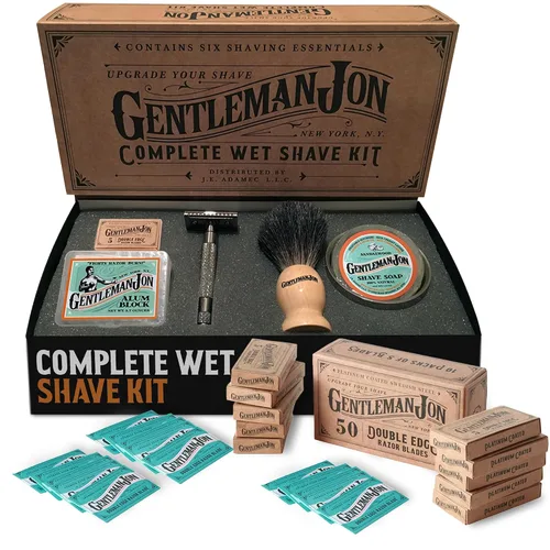 Gentleman Jon Deluxe Shaving Collection - Kit de afeitado de seguridad y paquete de 50 cuchillas de afeitar platino de doble filo, juego completo de