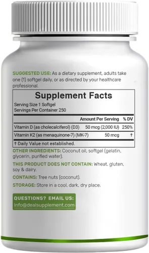 Miniatura 7 de DEAL SUPPLEMENT Vitamina D3 2,000 UI + K2 MK7 50mcg cápsulas blandas Complejo 2 en 1 con aceite de coco virgen Apoya la salud del corazón