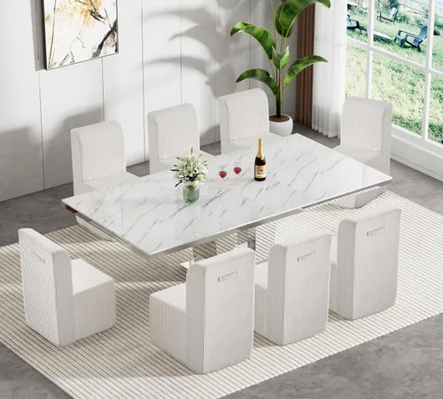 Miniatura 13 de Juego de mesa de comedor extensible marrón de 9 piezas para 8, 63 a 78.74 pulgadas, juego de mesa de cocina y comedor, mesa de comedor extensible