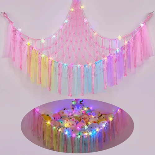 Miniatura 11 de FIOBEE Red de Animales de Peluche o Hamaca con Luz LED, Hamaca de Juguetes Colgante Organizador de Almacenamiento Soporte para Animales de Peluche