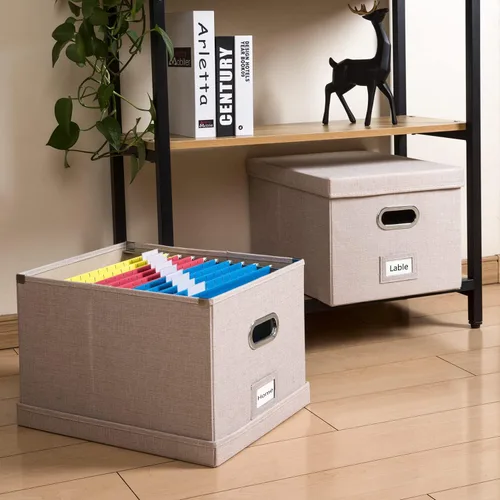 Miniatura 3 de PRANDOM Caja Organizadora de Archivos - Juego de 4 Carpetas de Archivo Colgantes Plegables Decorativas de Lino para Almacenamiento con Tapas, Gris