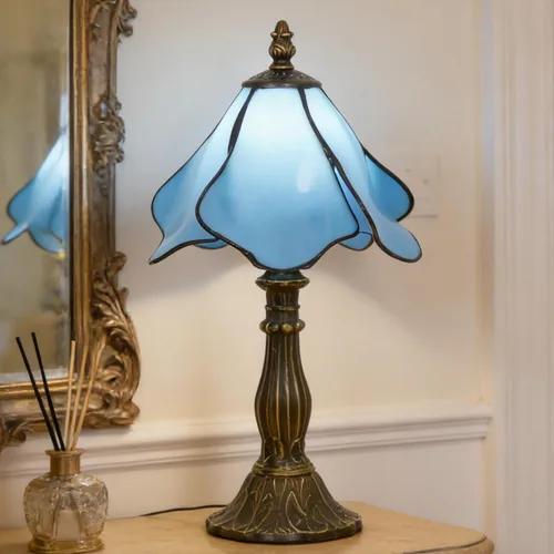 Miniatura 7 de Lámpara Tiffany Pequeña Mini Lámpara de Mesa de Vidrio Teñido Lámpara de Acento de Mesita de Noche Memoria Simpatía 8X14.5 Pulgadas (Azul)