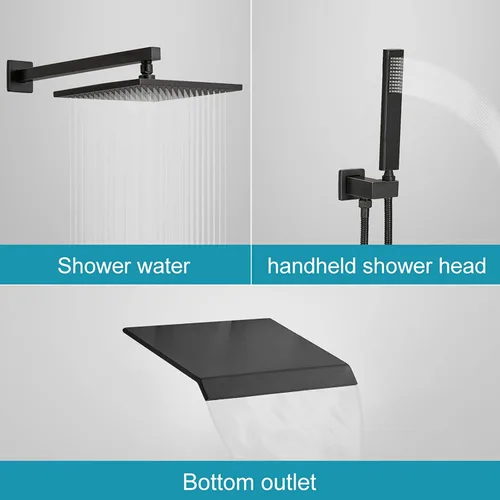 Miniatura 3 de BWE Sistema de ducha negro de 10 pulgadas, grifo de cascada completo con juego de boquilla mate, mezclador de lluvia cuadrado de lujo, equilibrio