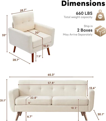 Miniatura 2 de Tbfit Sofá moderno de mediados de siglo, beige, sofá biplaza y silla decorativa lino tela