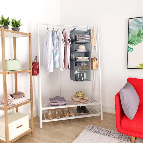 Miniatura 6 de MAX Houser Organizador colgante de armario con 5 estantes, ahorra espacio, estantes colgantes con (4) bolsillos laterales, plegable, gris claro