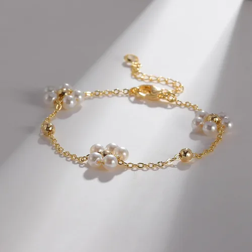 Miniatura 4 de Pulsera de oro para mujer, chapada en oro de 14 quilates, con cuentas de margaritas y perlas de tenis, joyería simple