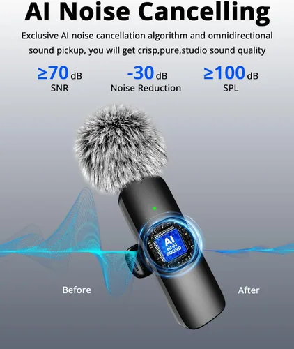 Miniatura 3 de Micrófono Lavalier inalámbrico para iPhone, Android, iPad, tabletas, mini micrófono Bluetooth con cancelación de ruido, transmisión de 65 pies