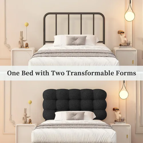 Miniatura 5 de Base de cama individual BarnFurin, cama plataforma con cabecero tapizado, base de cama de tela de bouclé suave con soporte de listones de madera