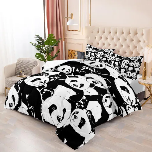 Miniatura 2 de DYcolor Juego de edredón con estampado de oso panda 3D para niños, 3 piezas, ligero, blanco y negro, con 1 edredón y 2 fundas de almohada para niños