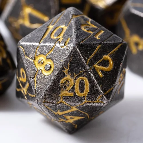 Miniatura 11 de Dados de metal para DND – Ruinas de faraón oro oscuro con grietas moradas – Juego de dados poliédricos para D&D, RPG y más – Bellamente detallados
