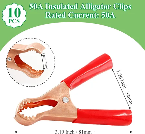 Miniatura 3 de 10 Piezas Pinzas de Cocodrilo Aisladas de 50A, Abrazaderas Eléctricas de Cocodrilo para Trabajo Pesado, Cable de Repuesto de Batería, Clips