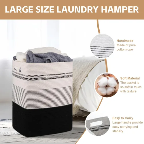 Miniatura 3 de Cesta de Ropa Sucia, Cesta de Lavandería Grande de Cuerda Tejida Alta con Asas, 22" X 17" X 13", Cesta de Almacenamiento Decorativa para Ropa