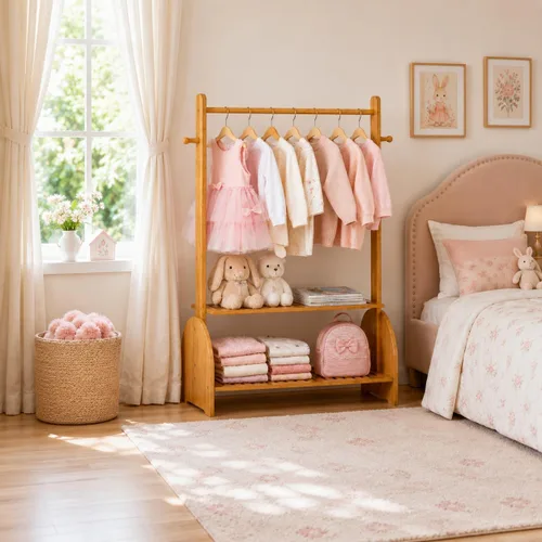 Miniatura 6 de BAMBOOHOMIE Perchero de ropa para niños con varillas ajustables, perchero de ropa para niños, bebés, mascotas, perchero para niños con 2 estantes