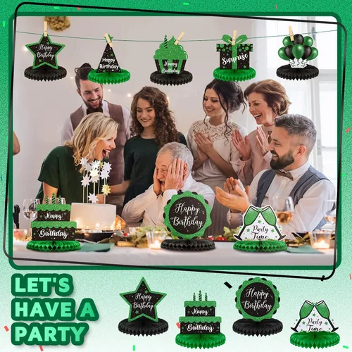 Miniatura 2 de Yexiya 8 piezas de centro de mesa de cumpleaños negro y verde, centros de mesa de panal de abeja de feliz cumpleaños, centros de mesa de panal