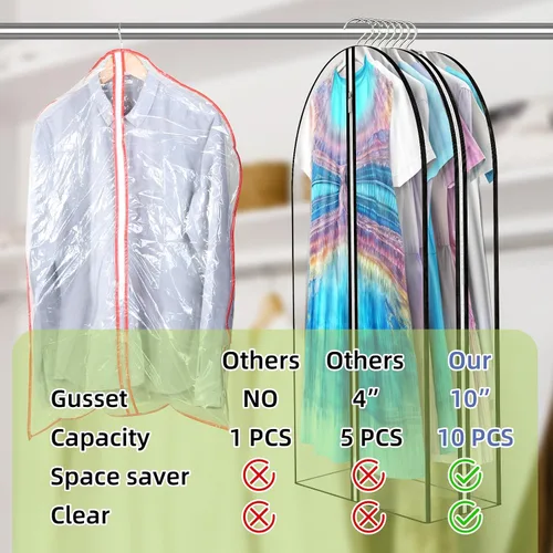 Miniatura 3 de Bolsas de ropa transparentes con fuelle de 12 pulgadas para colgar ropa, bolsas de traje de 60 pulgadas para almacenamiento de abrigos, vestidos
