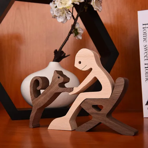 Miniatura 2 de ISHINE Escultura de madera para hombres y gatos, figuras de animales hechas a mano, decoración de madera, figura coleccionable para oficina en casa