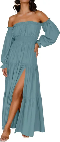 Miniatura 136 de ZESICA - Vestido largo, bohemio y sexy, con hombros descubiertos y manga larga fruncida, con elástico fruncido, cintura alta y abertura lateral