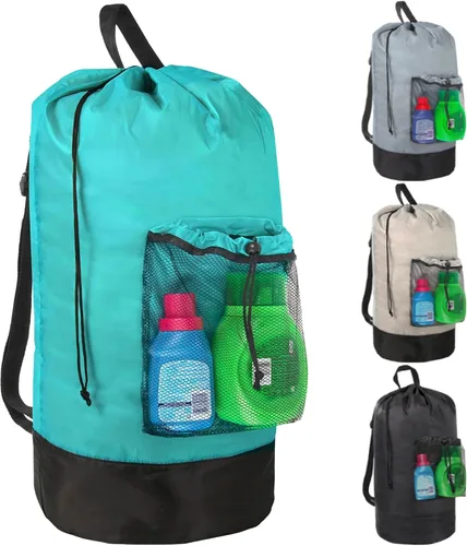 Miniatura 12 de Bolsa de lavandería con correas para el hombro y bolsillo de malla, mochila de lavandería grande portátil para lavandería universitaria, apartamento