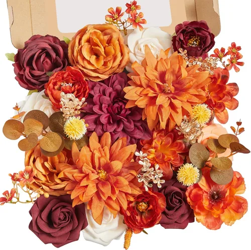 Miniatura 21 de Serwalin Flores de seda, flores artificiales burdeos para decoración de boda, rosas falsas rosas rosas y rojas con tallos y caja de vegetación, A