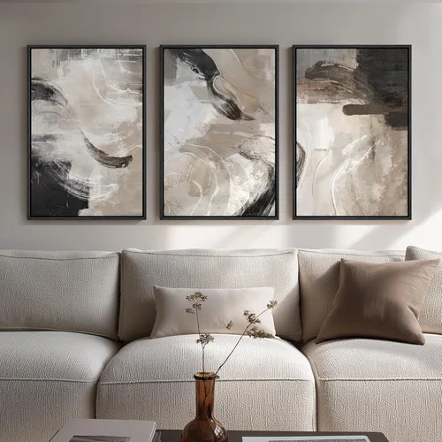 Miniatura 37 de Arte de pared abstracto neutro con marco grande para sala de estar, 3 piezas, impresiones modernas en lienzo para paredes, cuadros negros y beige