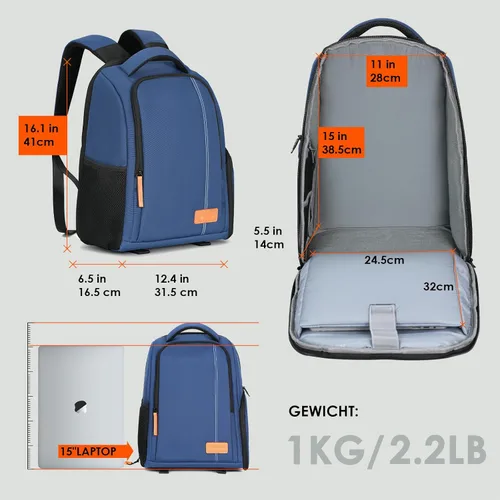 Miniatura 8 de TARION Mochilas grandes para cámara para fotógrafos, bolsa impermeable para cámara, mochila de fotografía con compartimento para laptop de 15.6 Azul