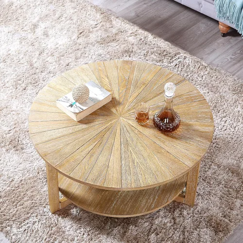 Miniatura 7 de Mesa de café redonda, mesa de café circular de madera de 35" con estante de almacenamiento, mesa central de 2 niveles para sala de estar