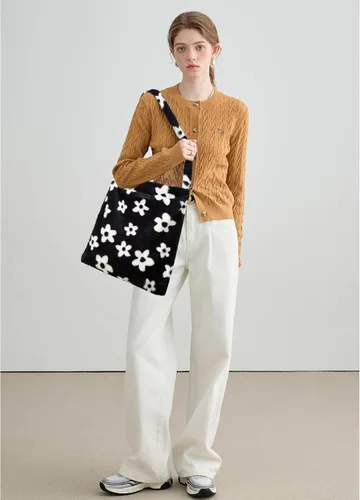Miniatura 5 de Bolso de mano peludo y esponjoso, bolso grande y mullido, lindo bolso de felpa con cremallera para mujeres y niñas, bolso de hombro de piel