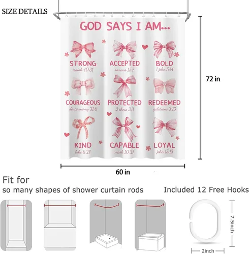 Miniatura 2 de Juego de cortinas de ducha con lazo rosa para baño, 60 pulgadas de ancho x 72 pulgadas de alto, cortina de ducha con texto en inglés «God says I Am