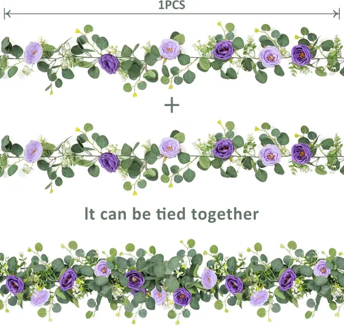 Miniatura 11 de TOCHGREEN Paquete de 2 Guirnaldas de Flores de Eucalipto Artificial de 12 Pies con Rosas Champán, Guirnalda de Flores de Rosa Falsa Verdor