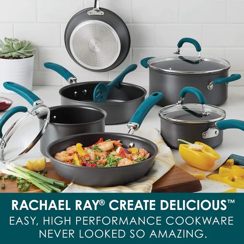 Miniatura 2 de Rachael Ray Create Delicious - Juego de ollas y sartenes antiadherentes anodizadas duras, 11 piezas, color gris con asas verde azulado
