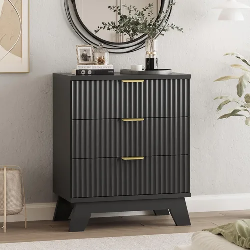 Miniatura 3 de Cómoda acanalada para dormitorio con 3 cajones, cómoda moderna de 24 pulgadas de ancho con mango de metal, soporte de TV de madera, armario de Negro