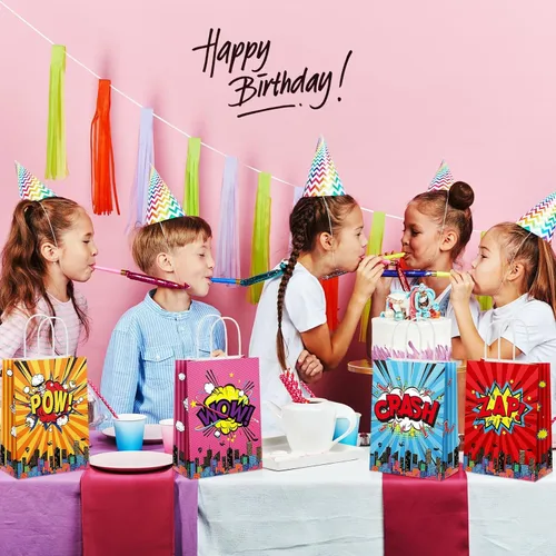 Miniatura 6 de Pajean 36 bolsas de regalo de fiesta de héroe de cómic, papel de estraza de héroe de cómic, bolsas de regalo con asa temática de boom suministros